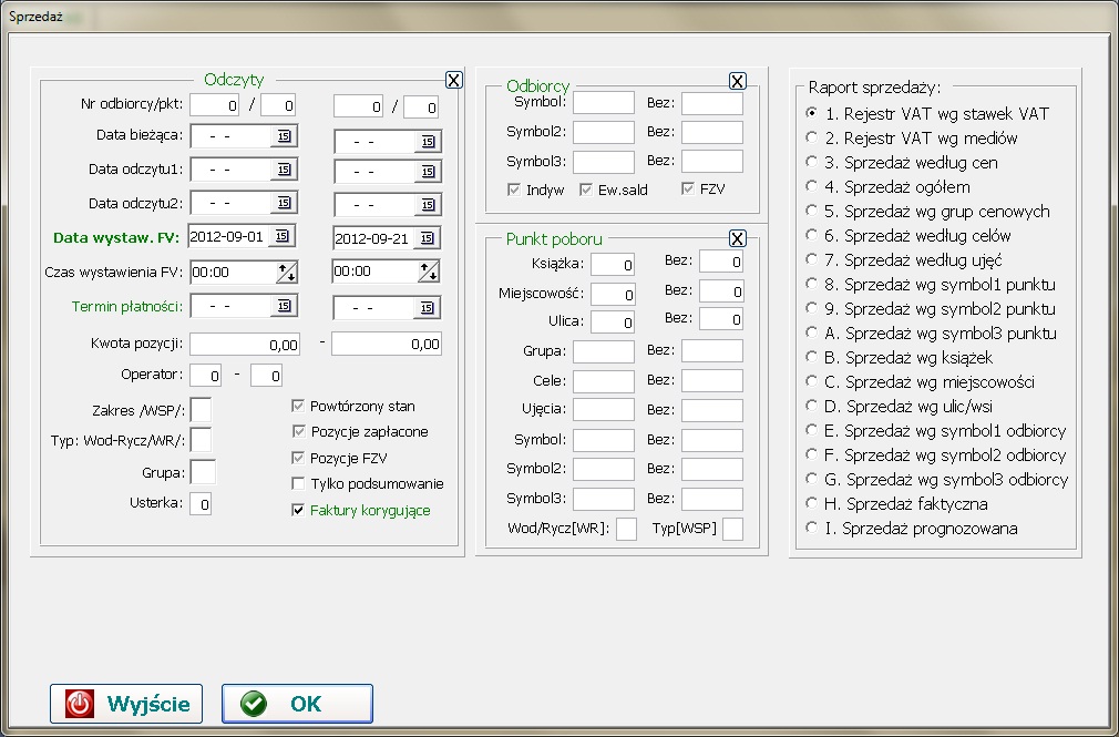 Kryteria raportu sprzedaży